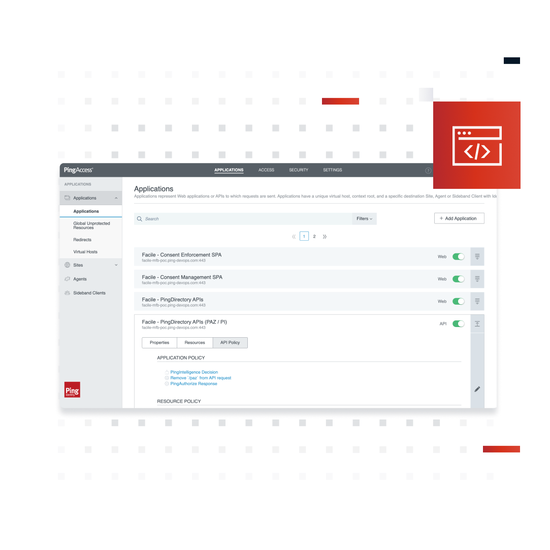 A screenshot of the Application dashboard in PingAccess showing how access to your enterprise's internal and public-facing APIs can controlled.