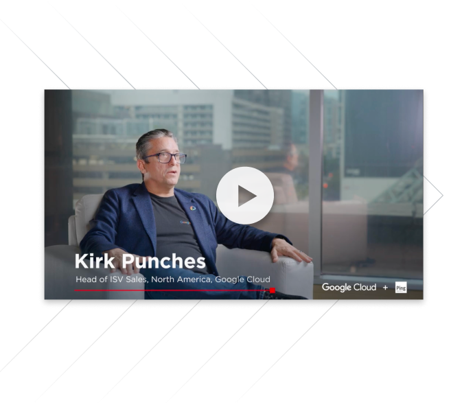 Video thumbnail featuring Kirk Punches Head of ISV Sales North America Google Cloud seated in an office with a play button overlay