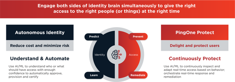Infographic titled "Engage both sides of identity brain simultaneously to give the right access to the right people (or things) at the right time." The graphic is divided into two primary sections representing "Autonomous Identity" and "PingOne Protect," centered around a circular "brain" icon.