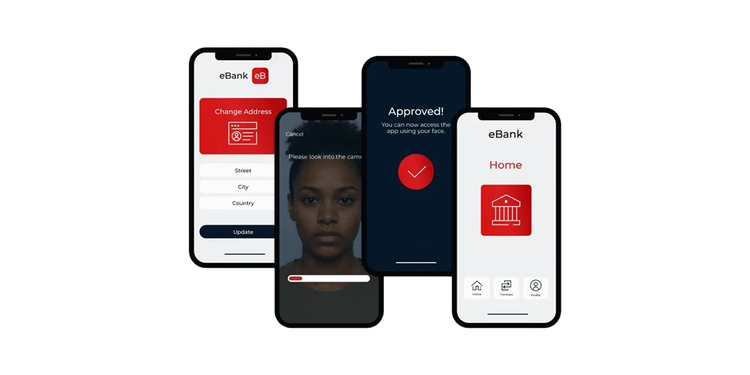 Four-screen mockup sequence of a mobile banking app called "eBank" demonstrating a step-by-step facial verification workflow, moving from an address update request to a camera liveness check, an approval notification, and the home screen.