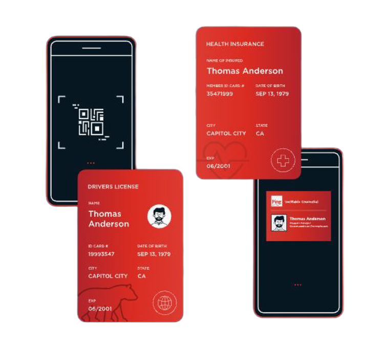 Illustration depicting Ping Identity's digital identity and verifiable credentials on mobile devices.