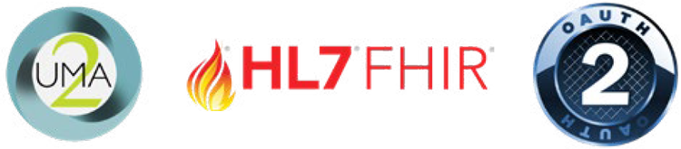 Row of three technology and healthcare standard logos: UMA 2, HL7 FHIR, and OAuth 2.