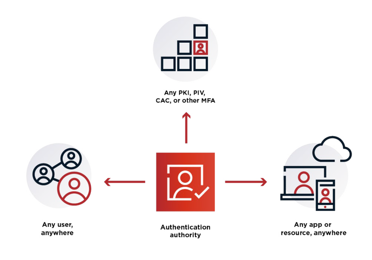 Flow diagram illustrating the central role of an authentication authority in connecting users to resources.