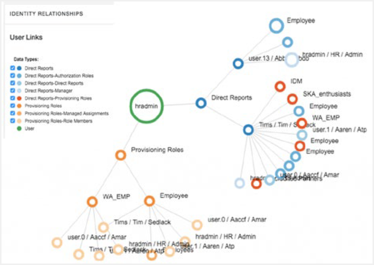 Network diagram titled "Identity Relationships: User Links" showing a hierarchical visualization of data connections centered around a primary user node labeled hradmin.